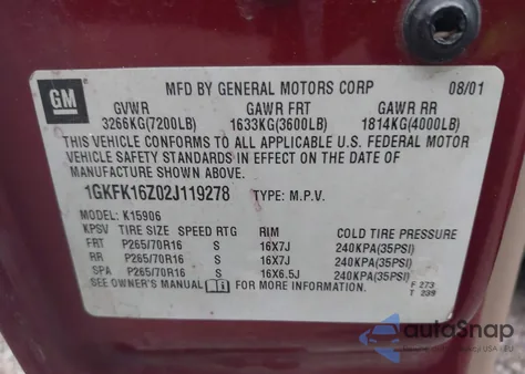2002 GMC Yukon Xl K1500 z USA, uszkodzony, nr VIN 1GKFK16Z02J119278